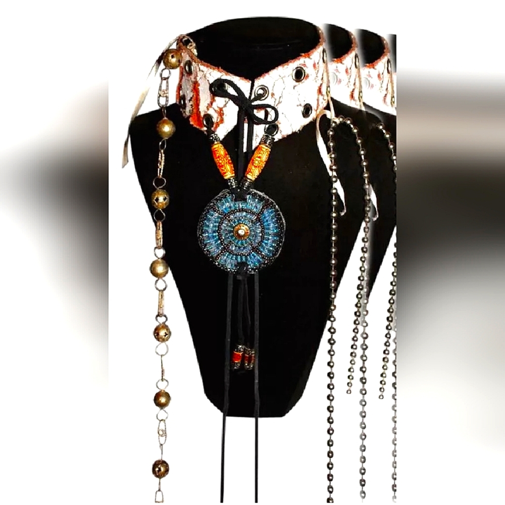 Navajo Choker Leather with Gemstones Sequin and Brass Chain and More, Handmade - Picture 5 of 8